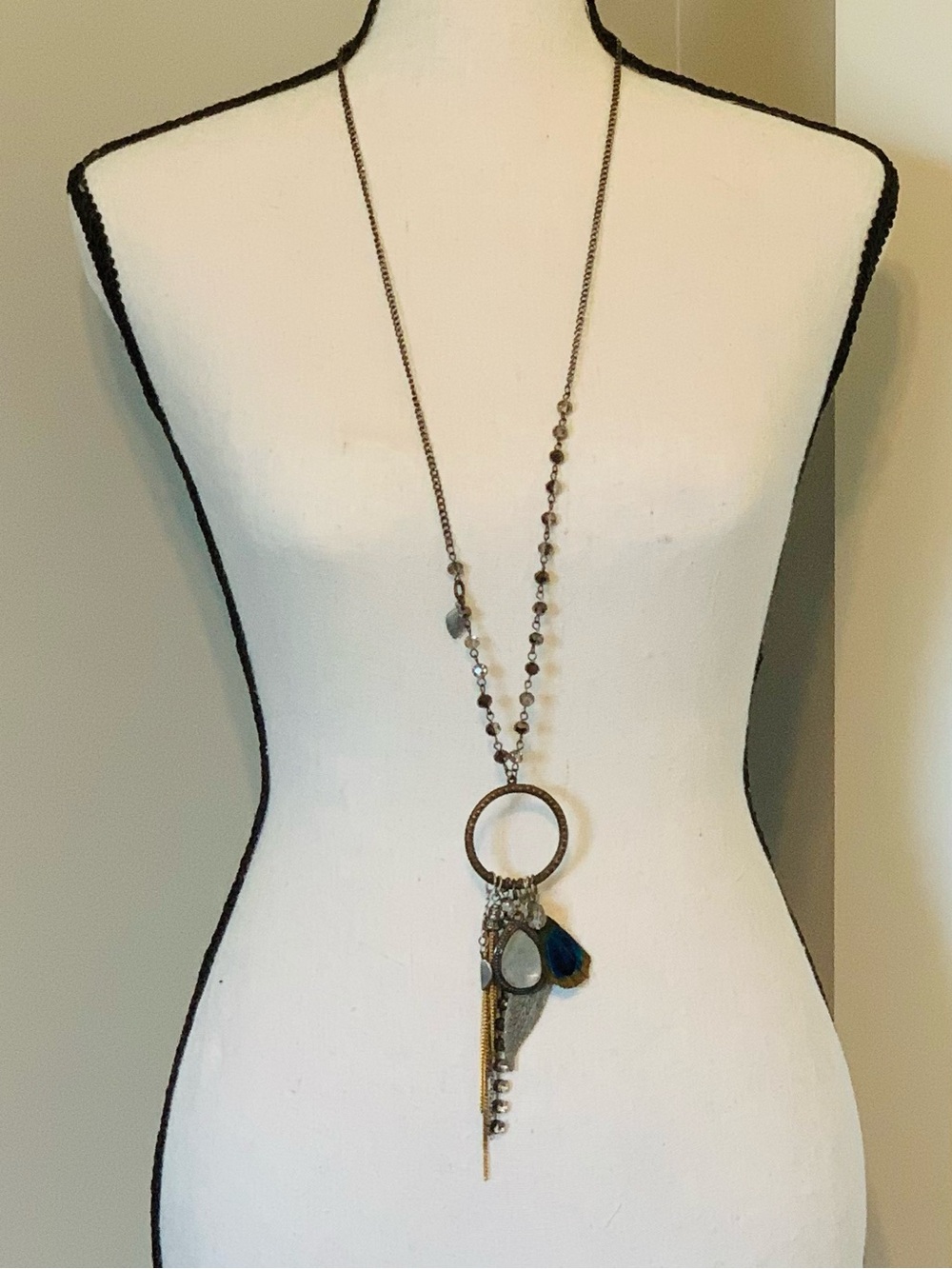 Express Long Necklace with Blue Teardrop and Bronze Ring
